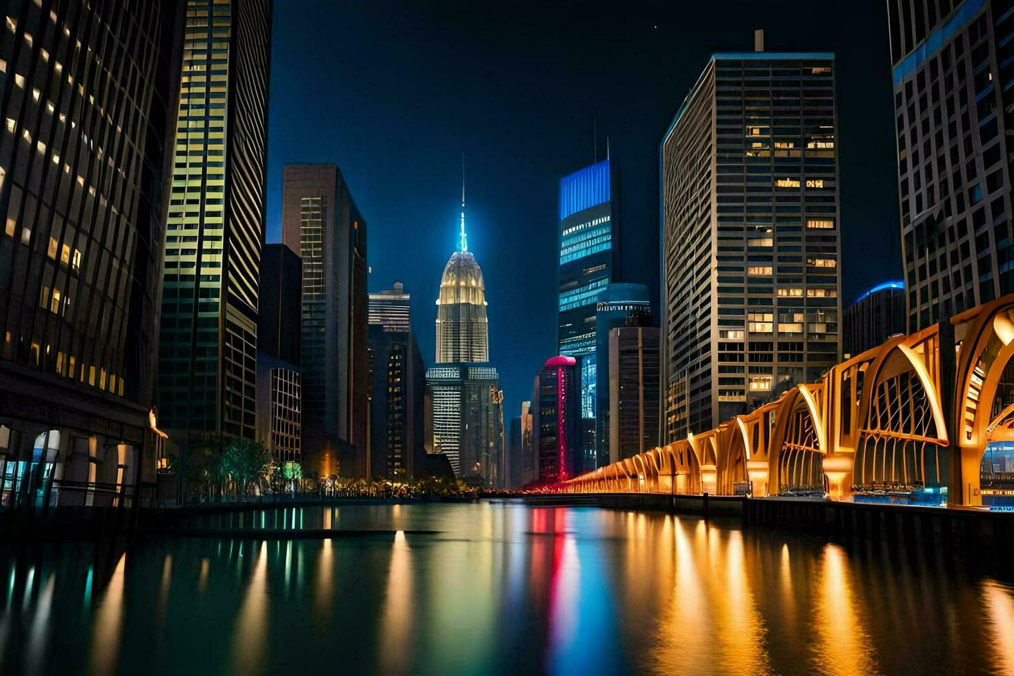ein Stadt beim Nacht mit ein Fluss und Brücke. KI-generiert foto