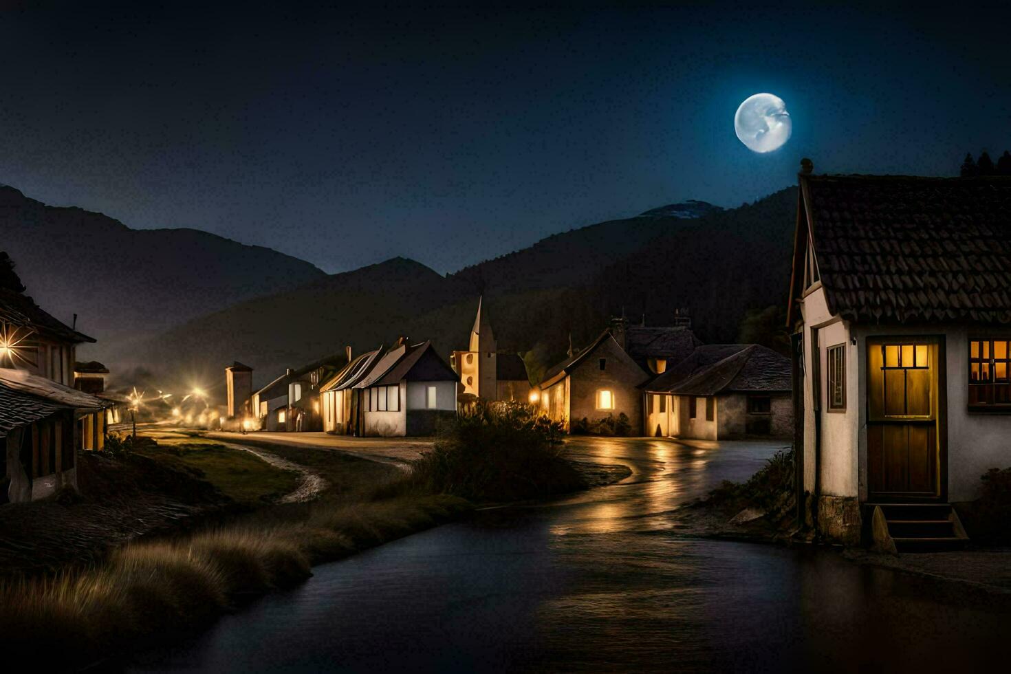 Foto Hintergrund das Mond, Nacht, Dorf, Fluss, Mond, Fluss, Mondlicht, Dorf. KI-generiert