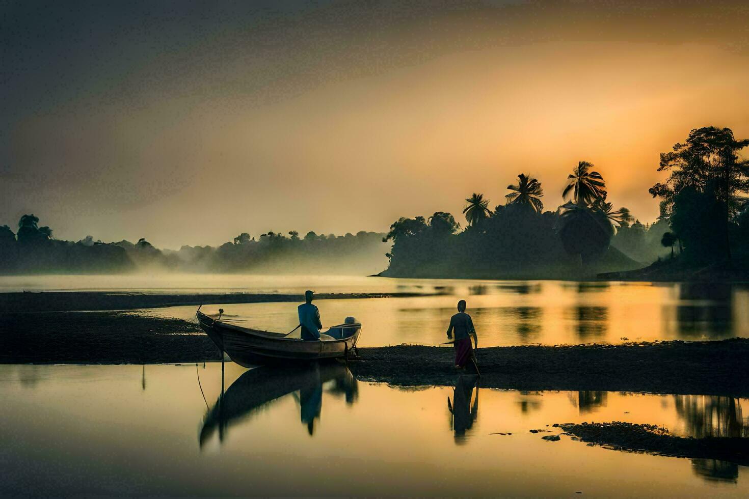 zwei Menschen Stand auf das Ufer von ein Fluss beim Sonnenaufgang. KI-generiert foto