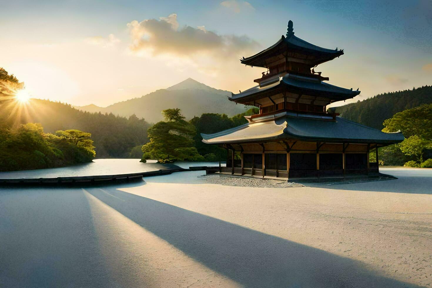 das Sonne steigt an Über das Pagode im das japanisch Tempel. KI-generiert foto