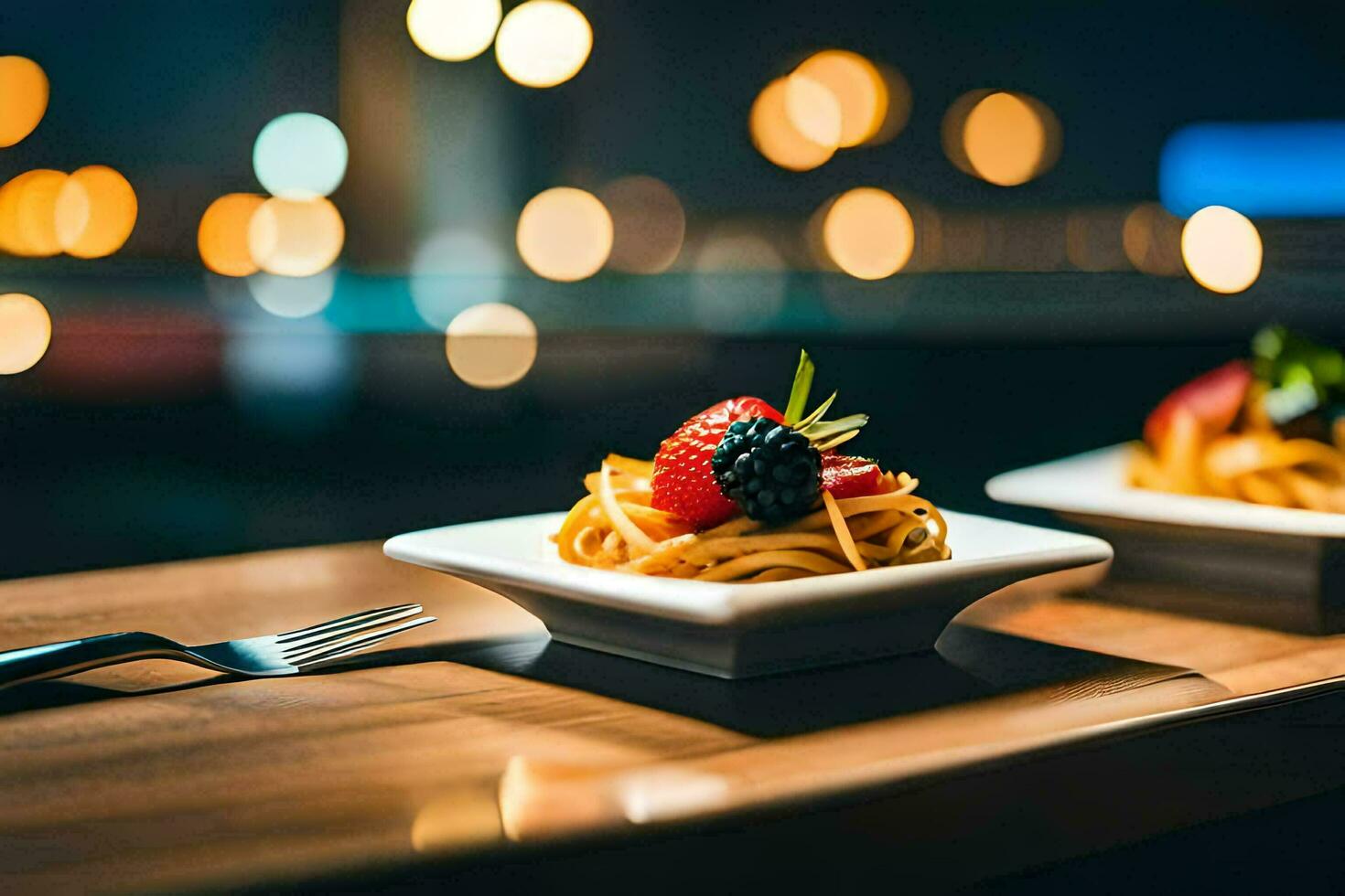 zwei Platten mit Pasta und Erdbeeren auf ein Tisch. KI-generiert foto