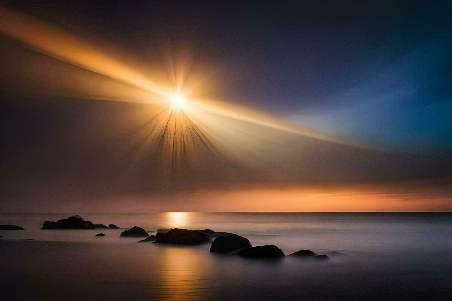 das Sonne scheint Über das Ozean und Felsen. KI-generiert foto