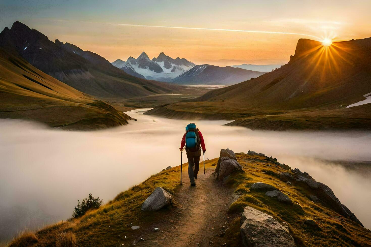 ein Person Gehen auf ein Pfad im das Berge. KI-generiert foto