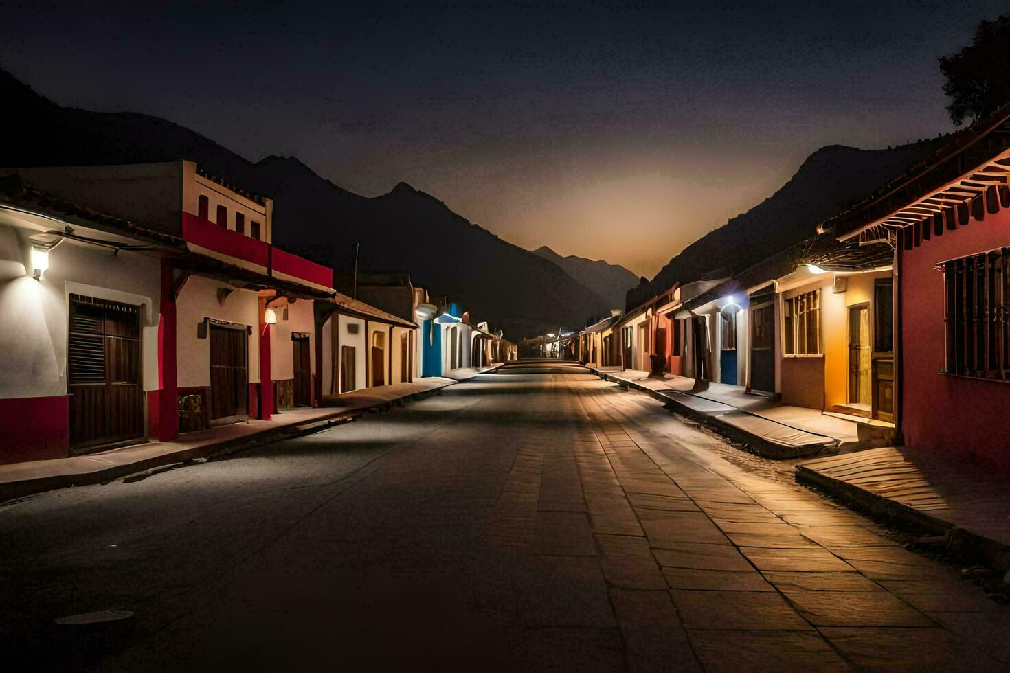 ein Straße im das Mitte von ein Stadt, Dorf beim Nacht. KI-generiert foto