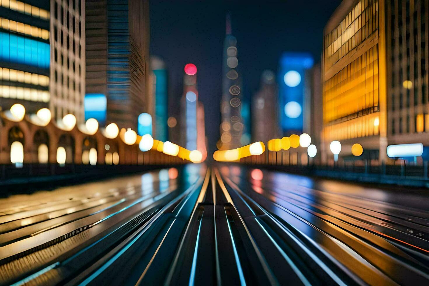 ein Stadt Straße beim Nacht mit Beleuchtung auf das Gebäude. KI-generiert foto