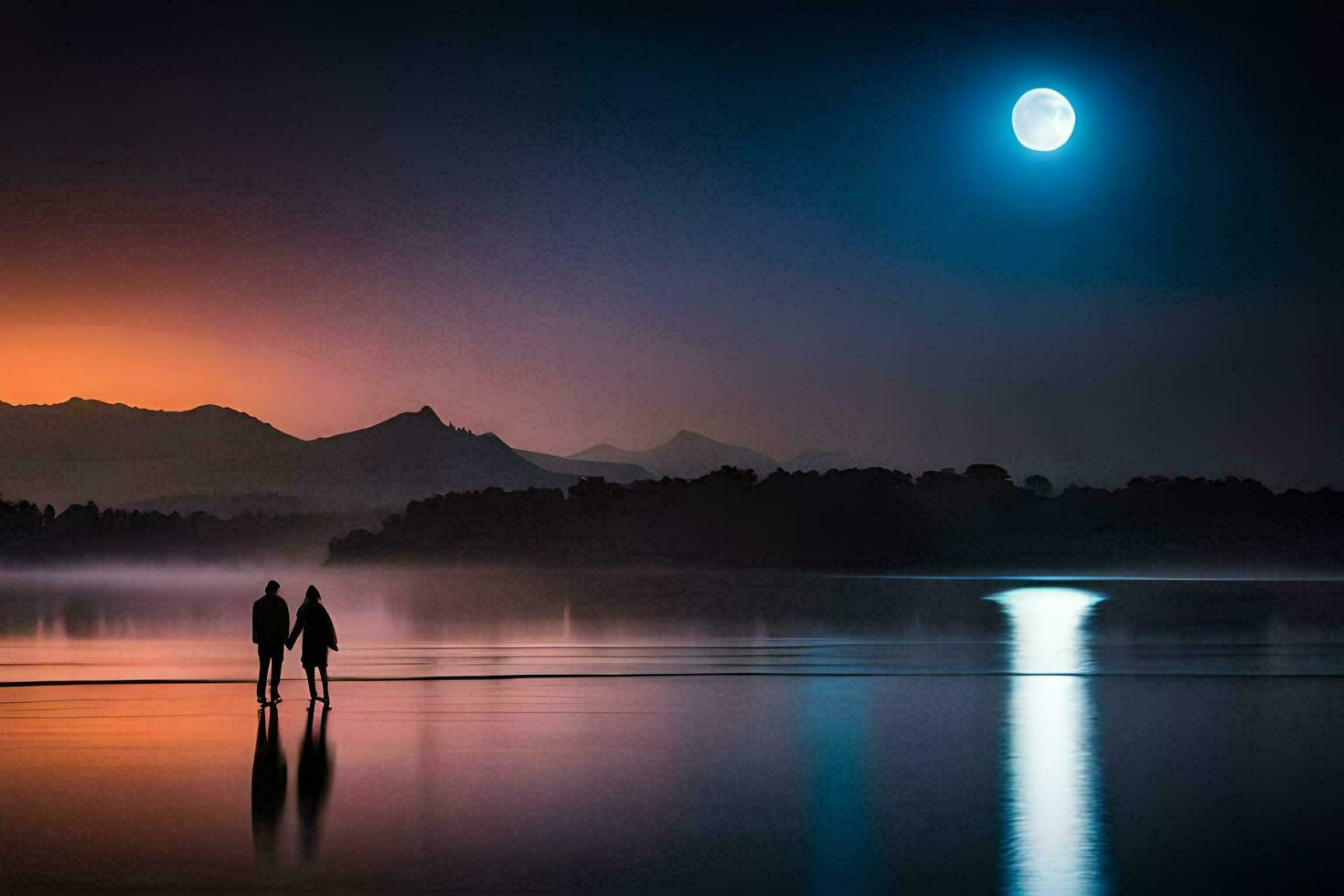 zwei Menschen Stand auf das Ufer von ein See beim Nacht. KI-generiert foto