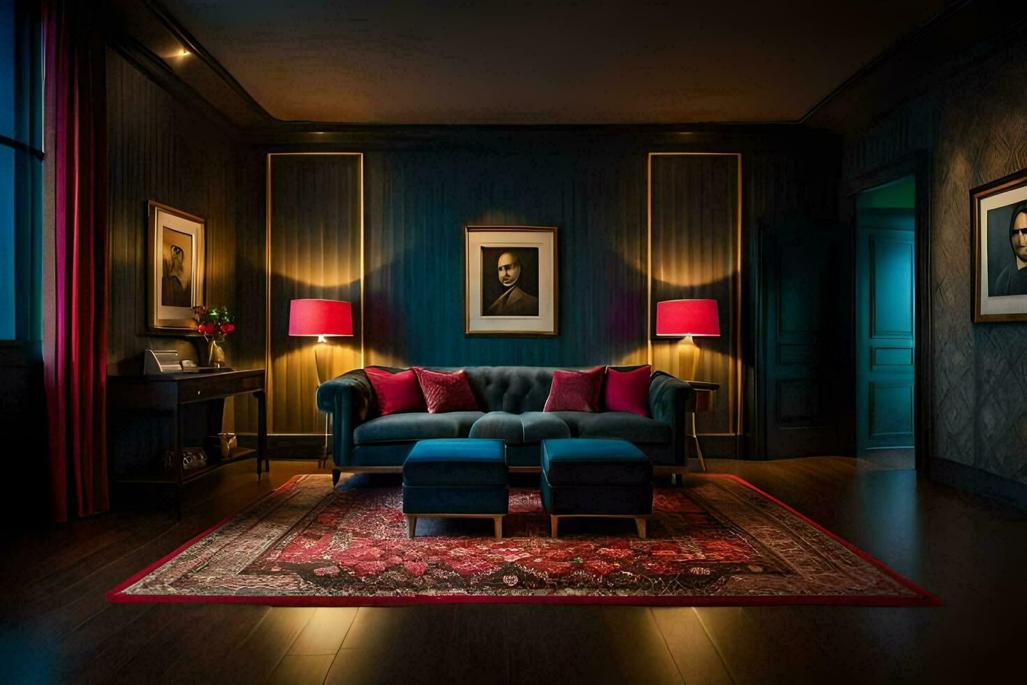 ein dunkel Zimmer mit ein Blau Couch und rot Ottomane. KI-generiert foto