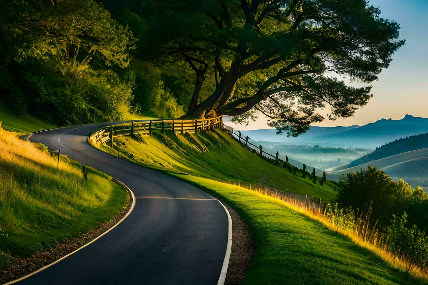 ein Wicklung Straße im das Landschaft beim Sonnenuntergang. KI-generiert foto