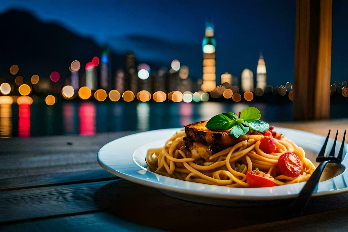 ein Teller von Spaghetti mit ein Aussicht von das Stadt. KI-generiert foto