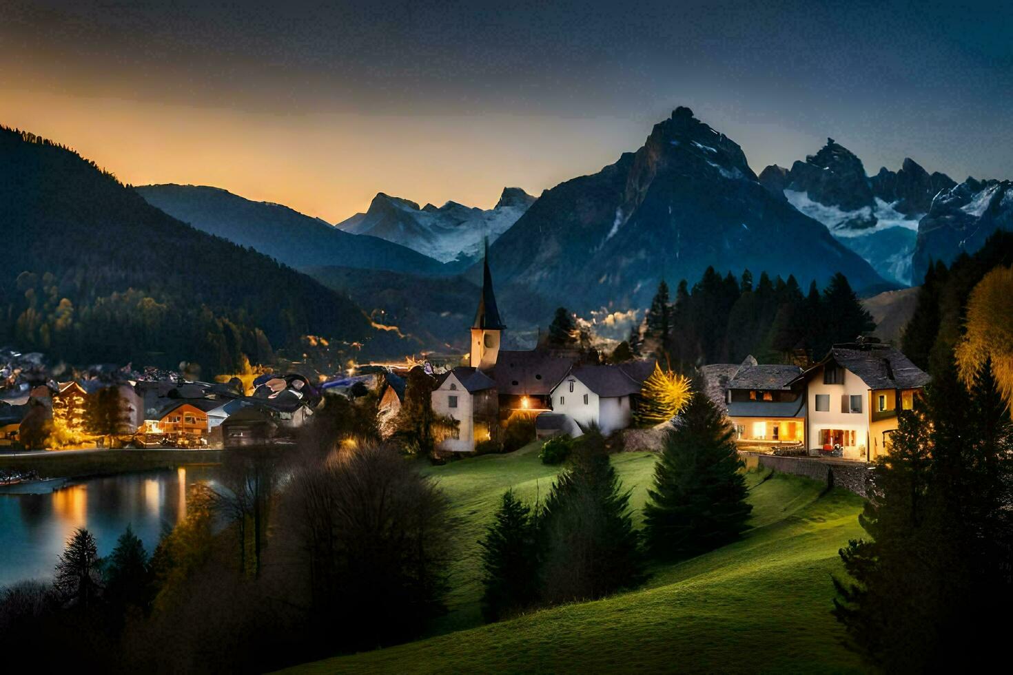 Foto Hintergrund Berge, See, Stadt, Haus, Haus, Haus, Haus, Haus, Haus. KI-generiert