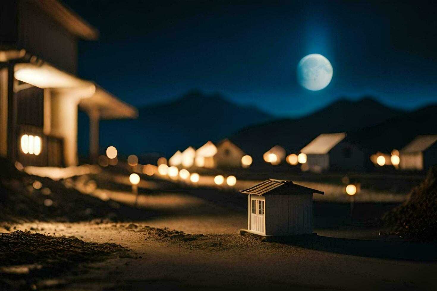 ein klein Haus mit Beleuchtung auf das Straße beim Nacht. KI-generiert foto