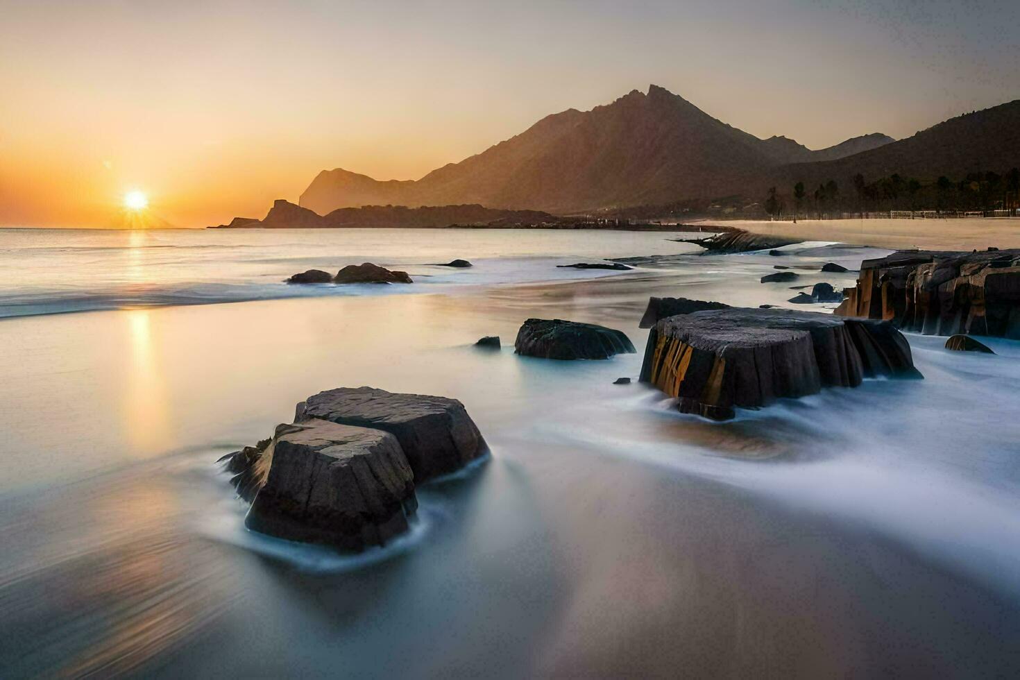 das Sonne setzt Über das Ozean und Felsen im das Wasser. KI-generiert foto