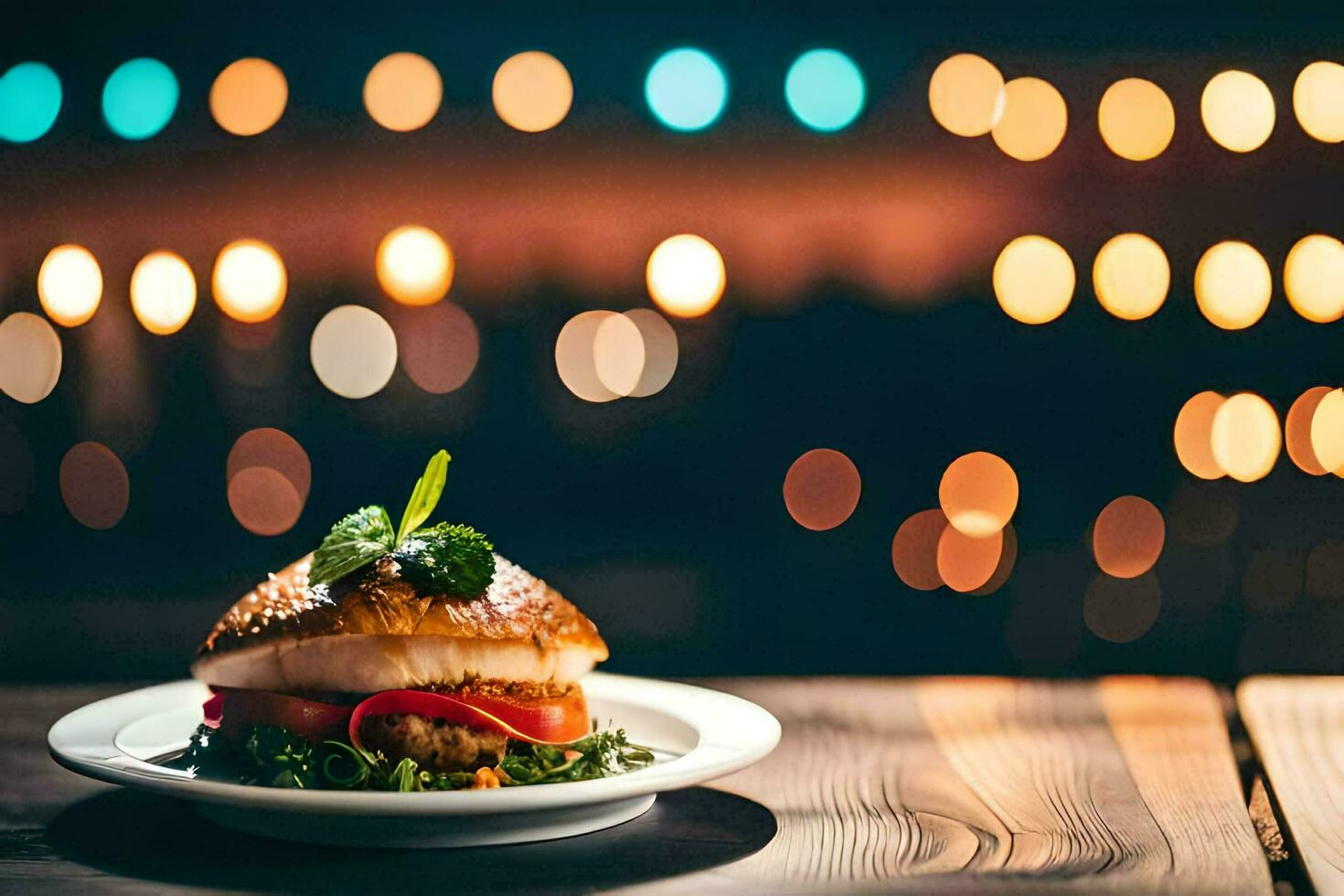 ein Teller mit ein Burger auf es Sitzung auf ein Tisch. KI-generiert foto