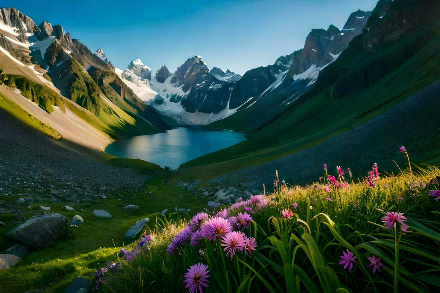 das Berge sind bedeckt mit Blumen und das See ist umgeben durch Grün Gras. KI-generiert foto