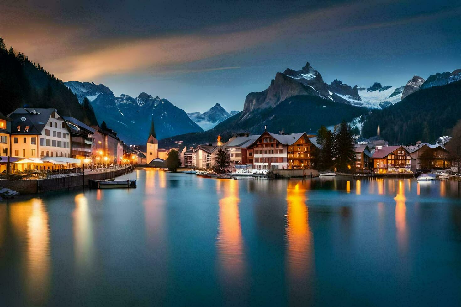das Stadt, Dorf von hallstatt im das Alpen beim Nacht. KI-generiert foto