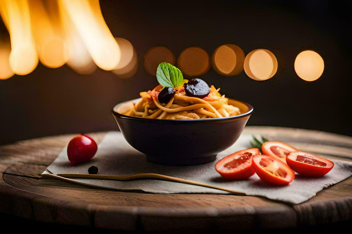 Pasta mit Tomaten und Basilikum auf ein hölzern Tisch. KI-generiert foto