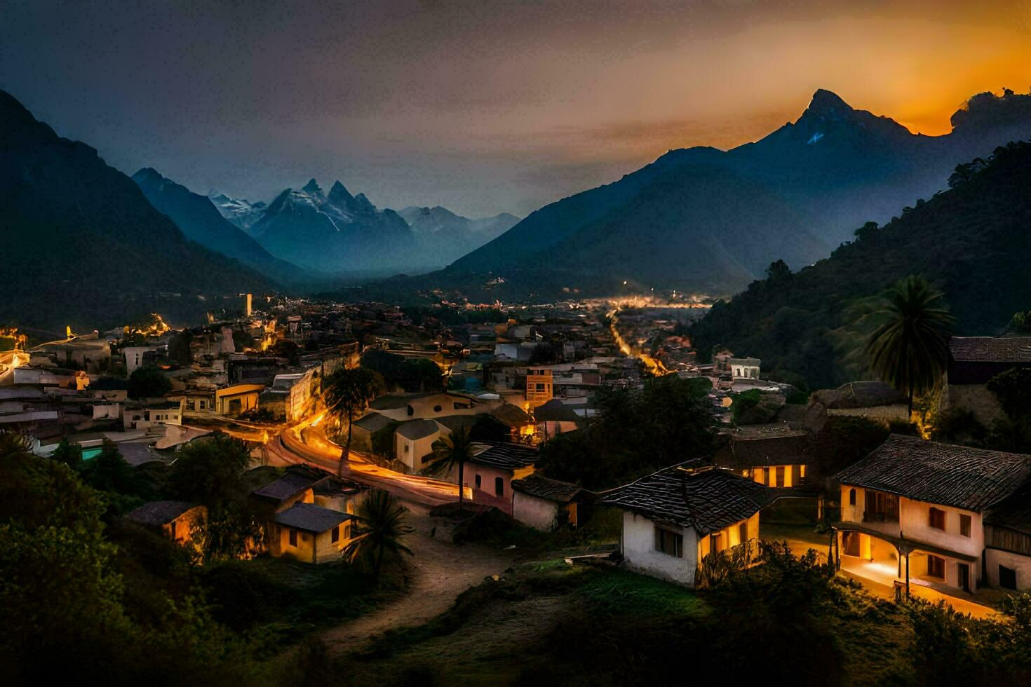 ein Stadt, Dorf im das Berge beim Dämmerung. KI-generiert foto