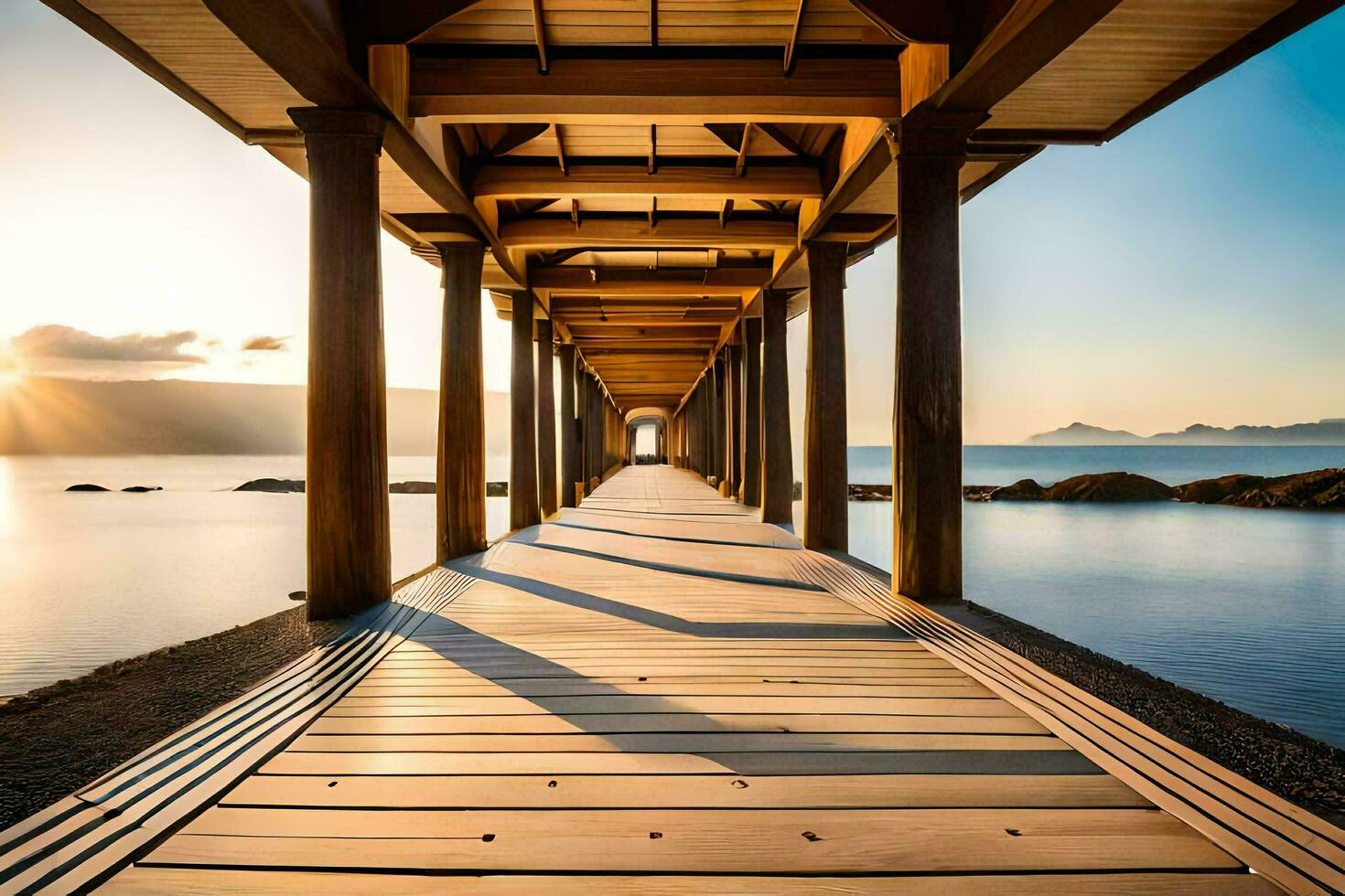 ein hölzern Brücke führt zu das Ozean beim Sonnenuntergang. KI-generiert foto