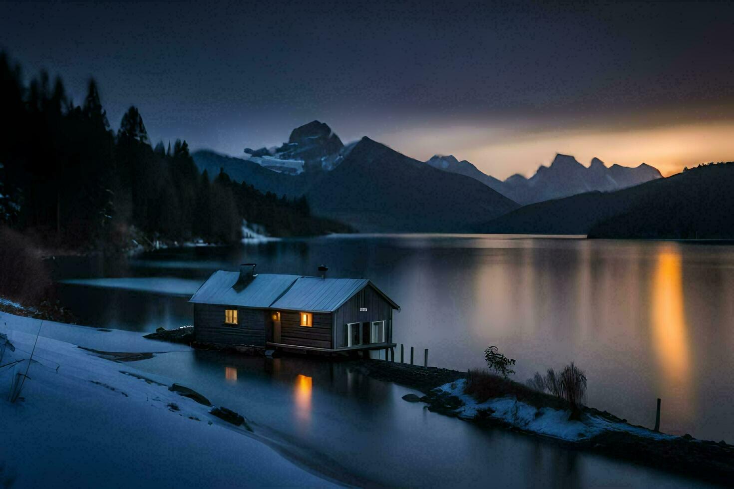 ein Kabine sitzt auf das Ufer von ein See beim Sonnenuntergang. KI-generiert foto