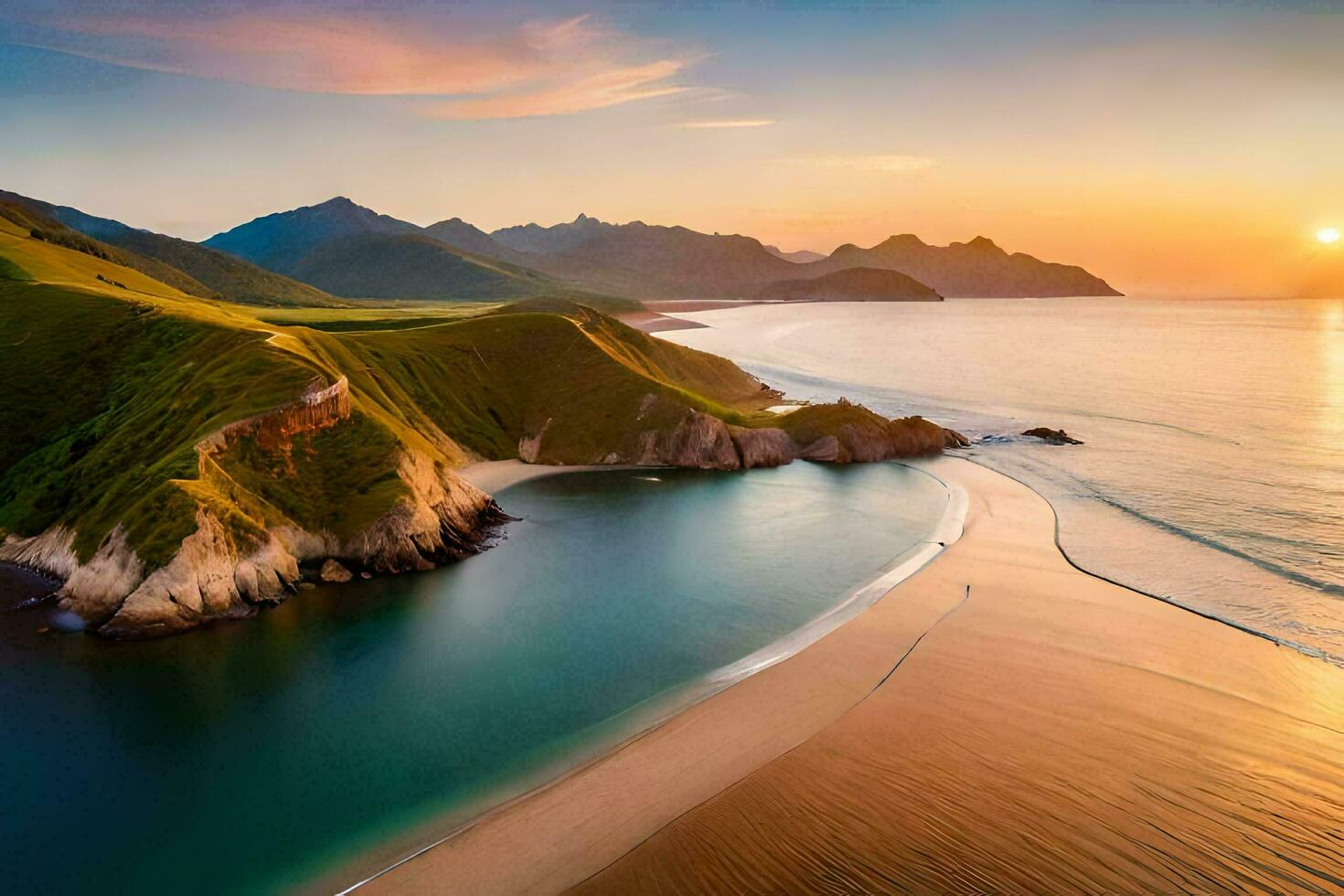 das Sonne setzt Über ein Strand und Berge. KI-generiert foto