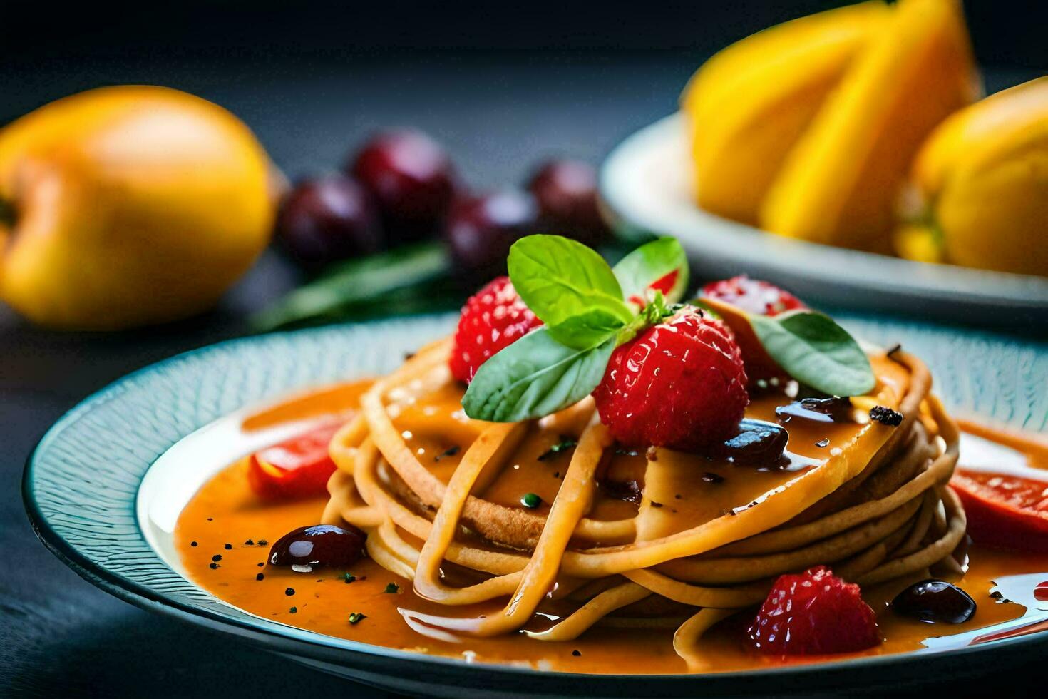 Spaghetti mit Obst und Beeren auf ein Platte. KI-generiert foto