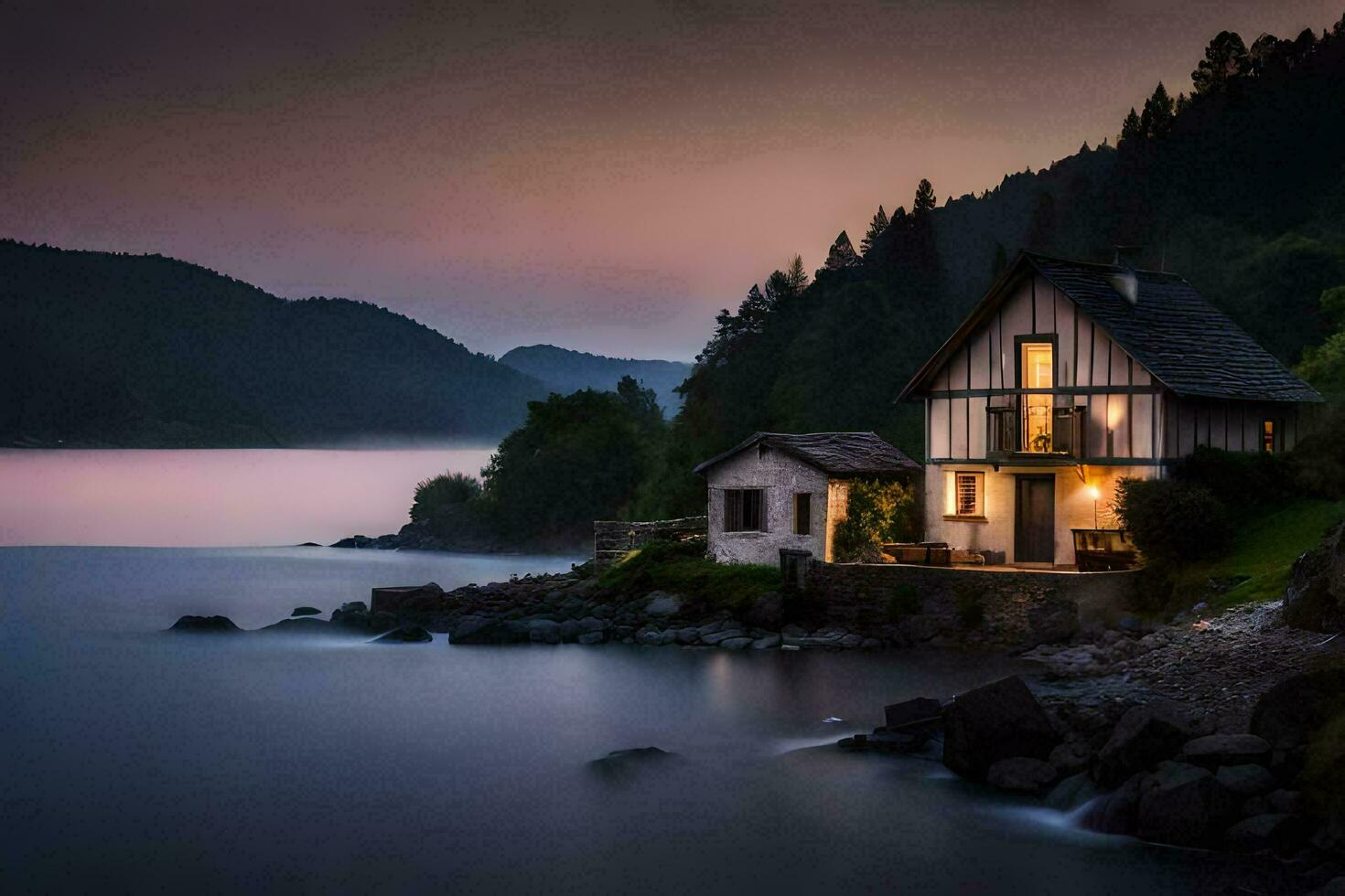 Foto Hintergrund das Himmel, Haus, See, Nebel, Berge, das Meer, das See,. KI-generiert