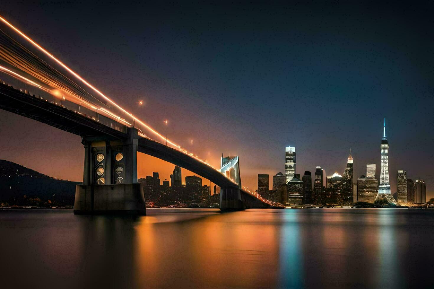 das Stadt Horizont beim Nacht mit das Brücke und das Bucht Brücke. KI-generiert foto