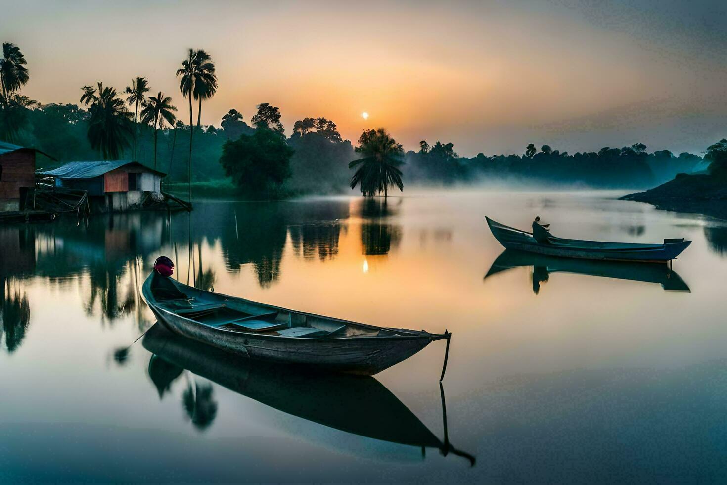 zwei Boote schwebend auf das Wasser beim Sonnenaufgang. KI-generiert foto