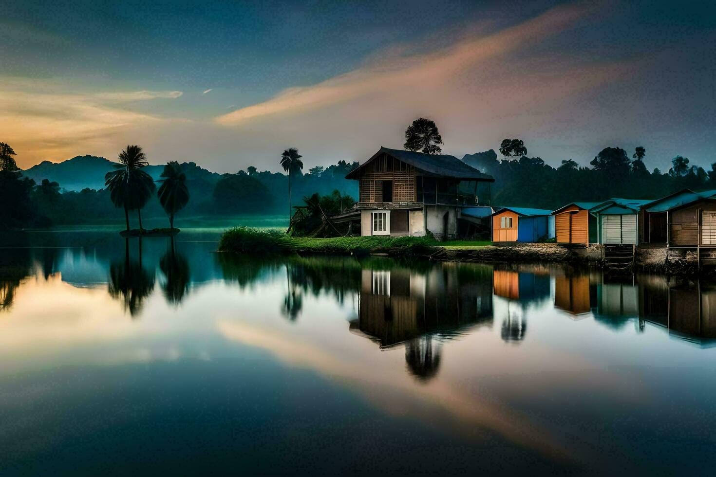 Foto Hintergrund das Himmel, Wasser, Bäume, Haus, See, das Haus, das See,. KI-generiert