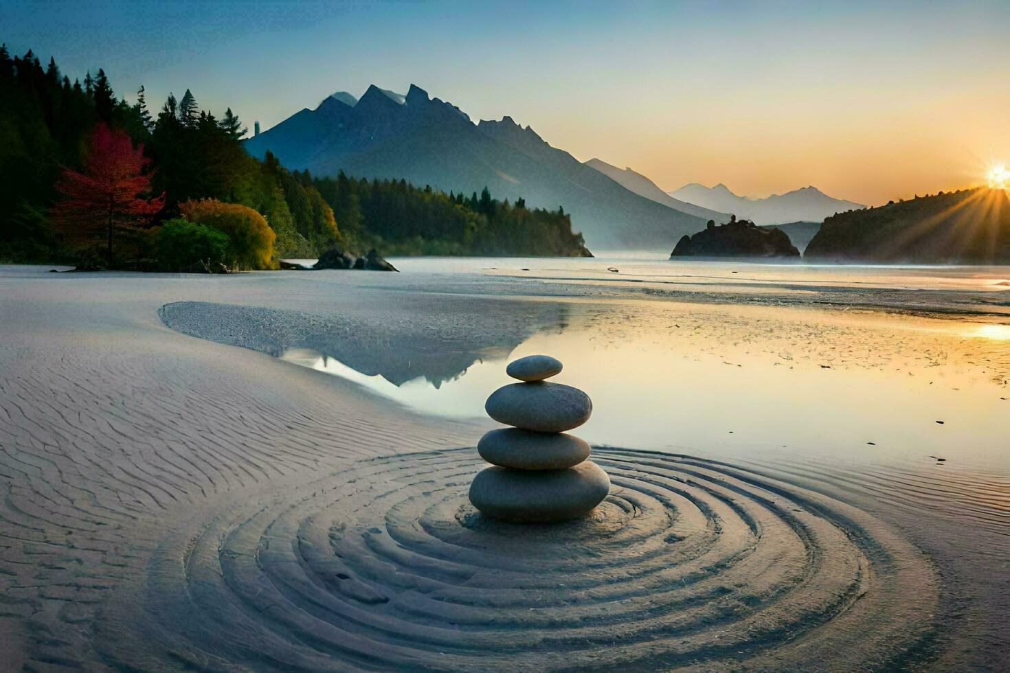 ein Stapel von Steine auf das Strand beim Sonnenuntergang. KI-generiert foto