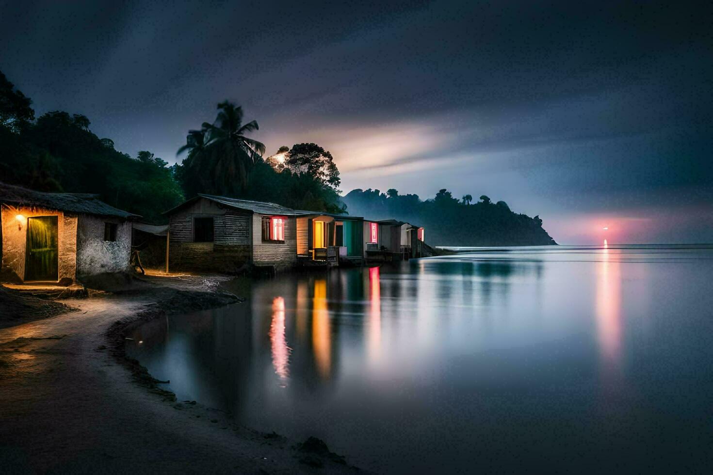 ein Strand mit Häuser und ein Boot beim Nacht. KI-generiert foto