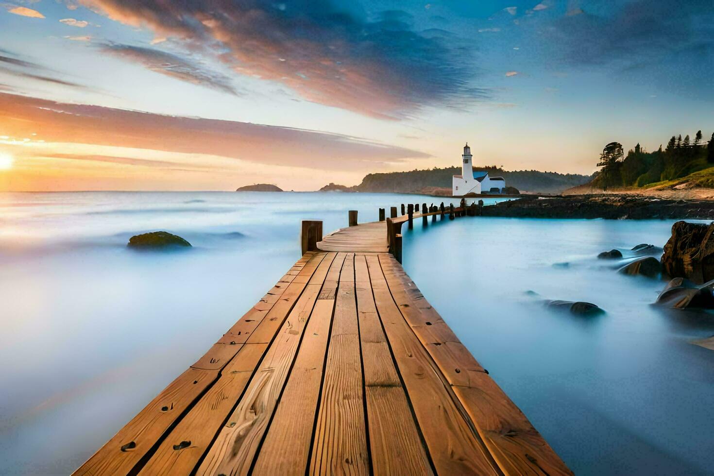 ein hölzern Seebrücke führt zu das Ozean beim Sonnenuntergang. KI-generiert foto