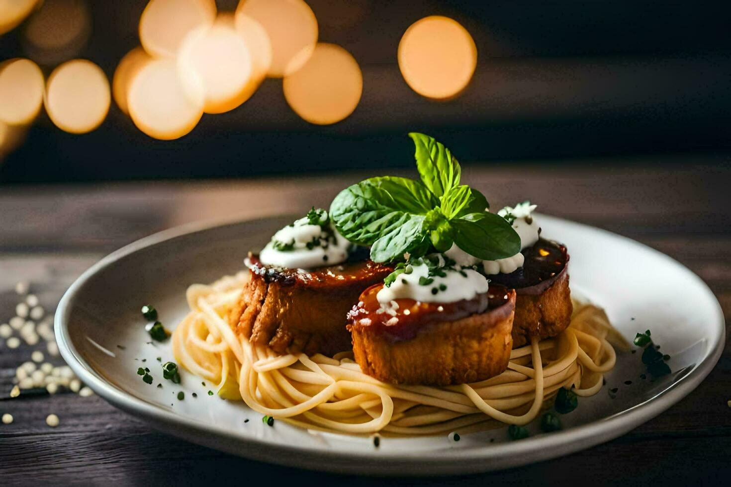 Spaghetti mit Fleischklößchen und Soße auf ein Platte. KI-generiert foto