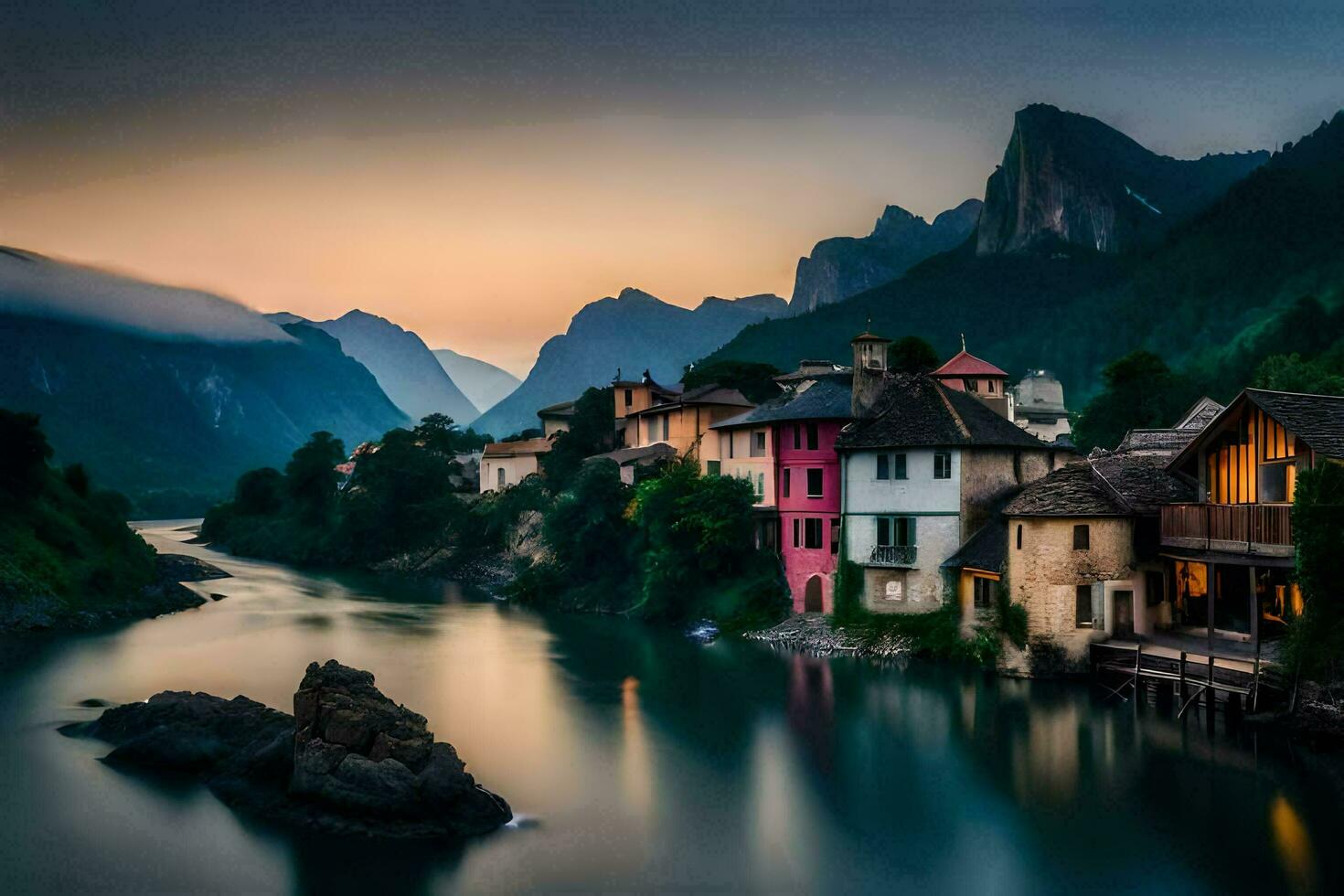 ein Fluss läuft durch ein Stadt, Dorf beim Sonnenuntergang. KI-generiert foto