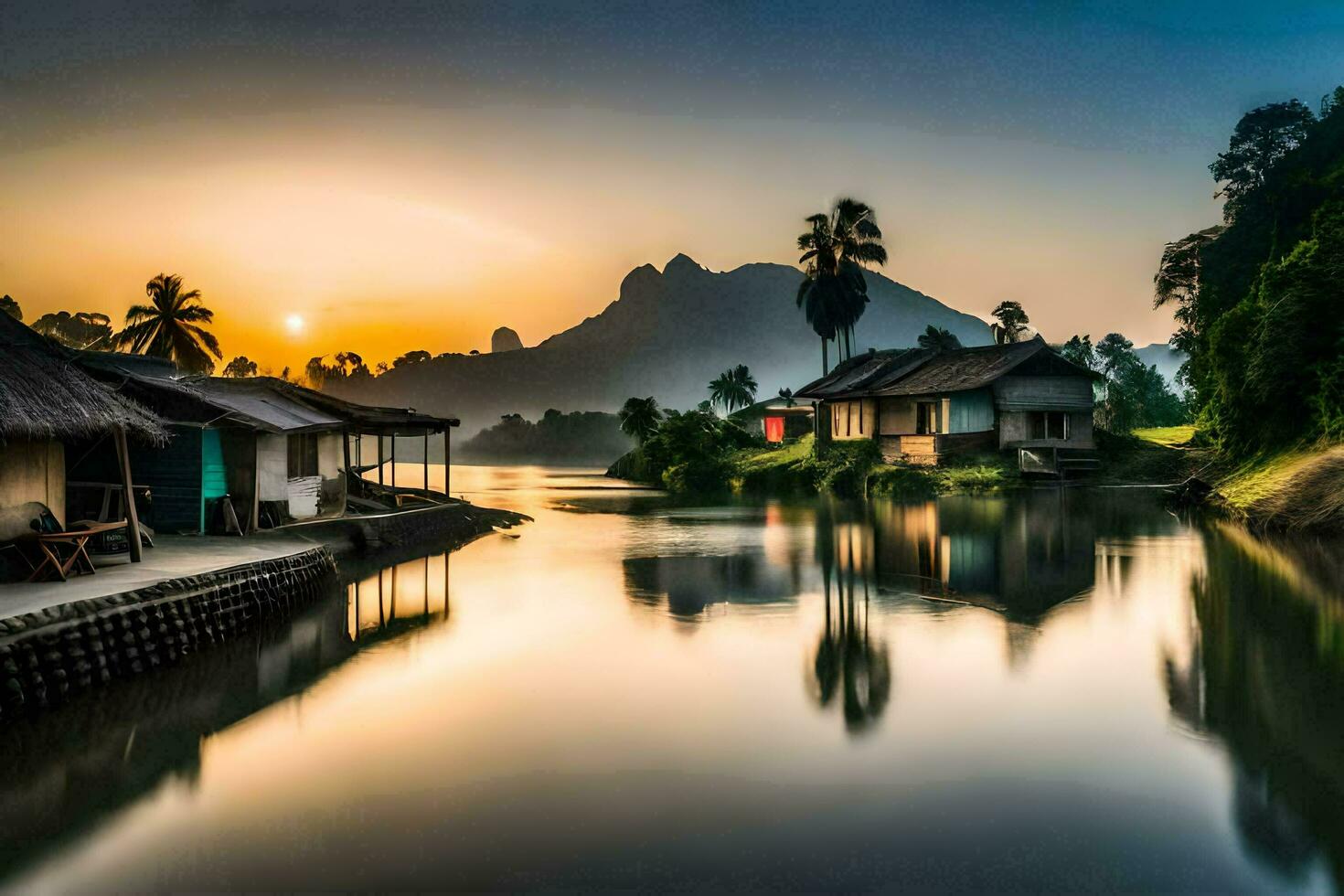 ein Fluss im Thailand mit Häuser und Berge im das Hintergrund. KI-generiert foto