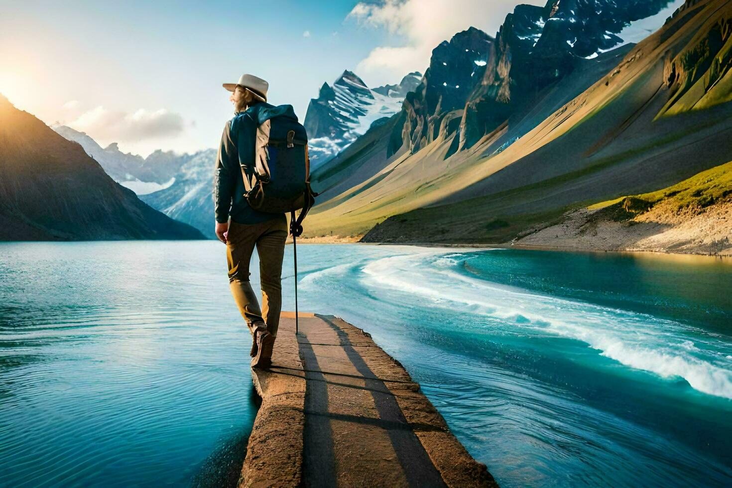 ein Mann mit ein Rucksack Stehen auf ein Dock suchen beim das Berge. KI-generiert foto