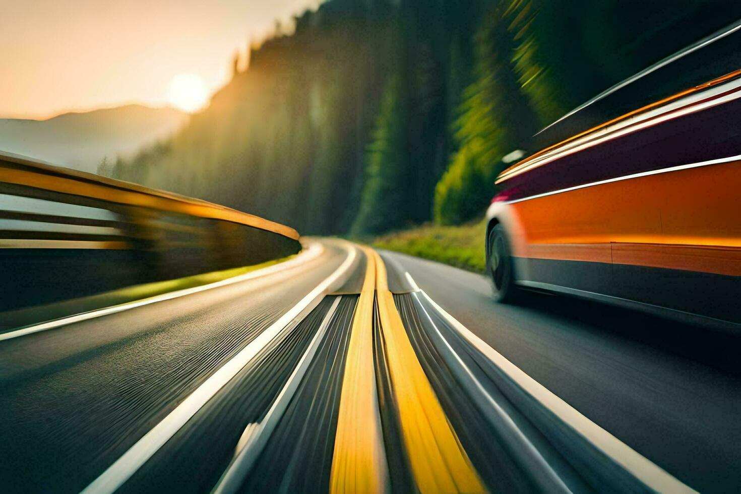 ein Auto Fahren auf ein Straße mit ein Berg im das Hintergrund. KI-generiert foto