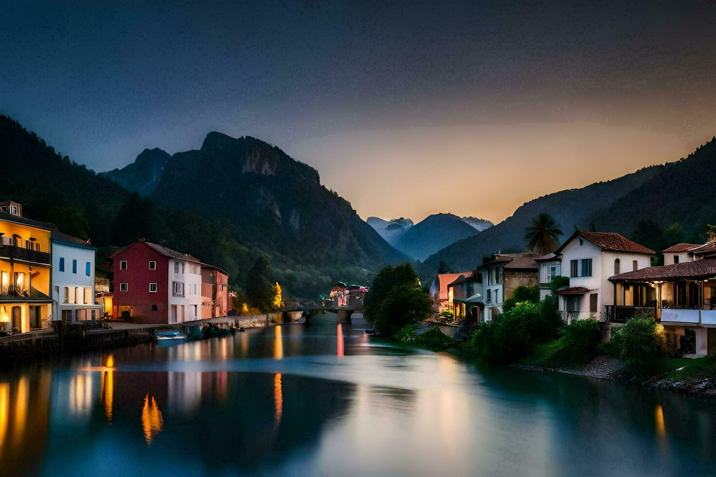 Foto Hintergrund das Himmel, Berge, Fluss, Häuser, das Stadt, das Berge, das Stadt. KI-generiert