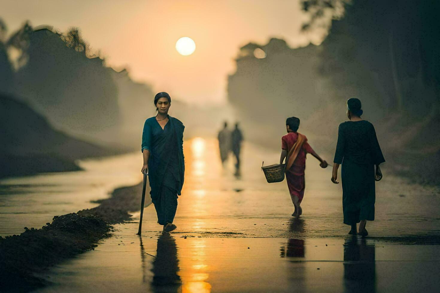 drei Frauen Gehen Nieder ein nass Straße beim Sonnenuntergang. KI-generiert foto