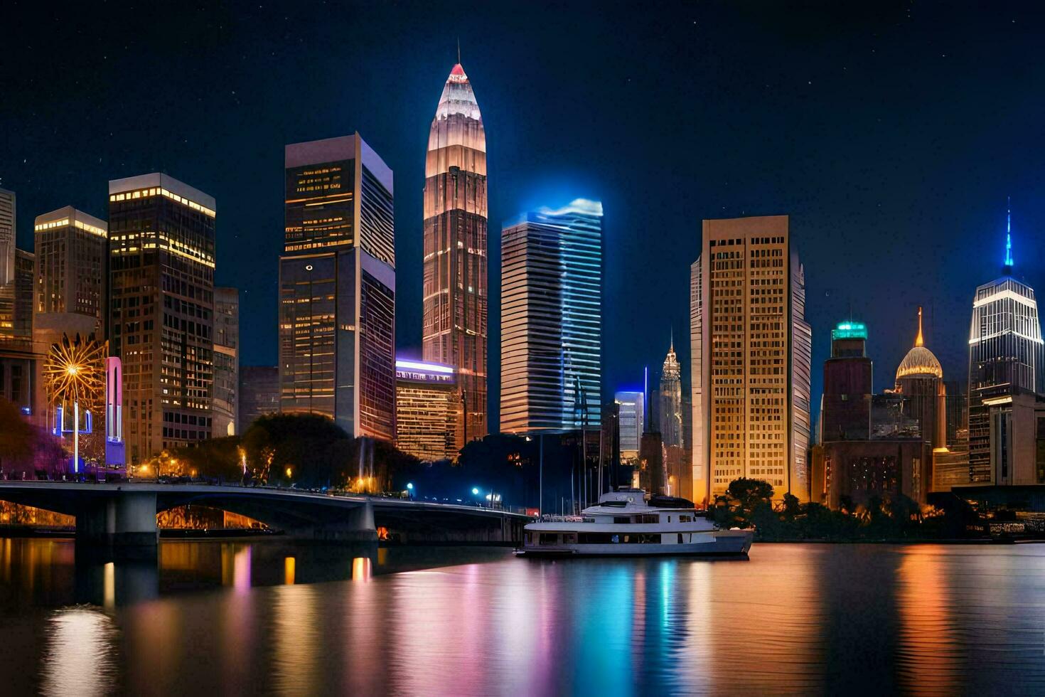 das Stadt Horizont beim Nacht mit Beleuchtung reflektieren aus das Wasser. KI-generiert foto