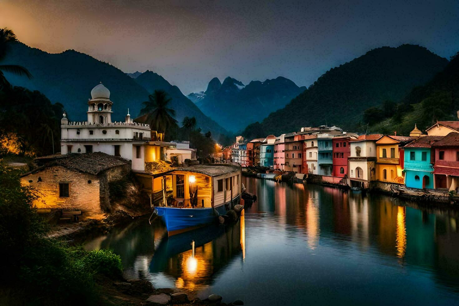 Foto Hintergrund das Himmel, Wasser, Berge, Boote, Häuser, das Nacht, das Fluss,. KI-generiert