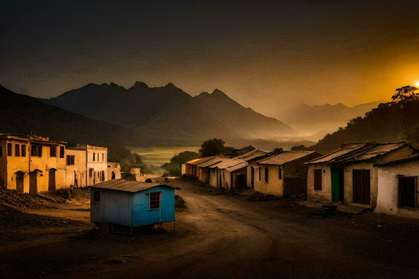 ein Dorf beim Sonnenuntergang mit Berge im das Hintergrund. KI-generiert foto