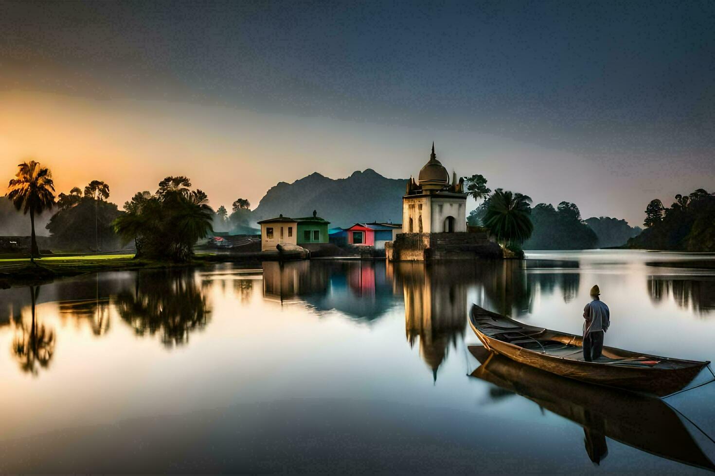 ein Mann im ein Boot auf das Fluss beim Sonnenaufgang. KI-generiert foto