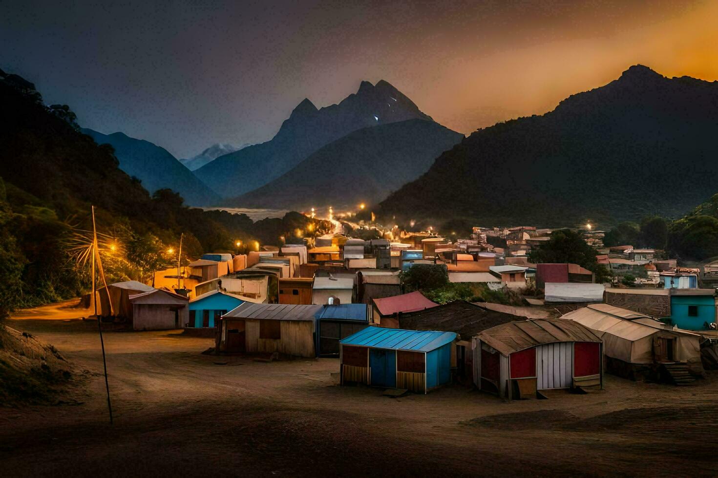 ein klein Dorf im das Berge beim Nacht. KI-generiert foto