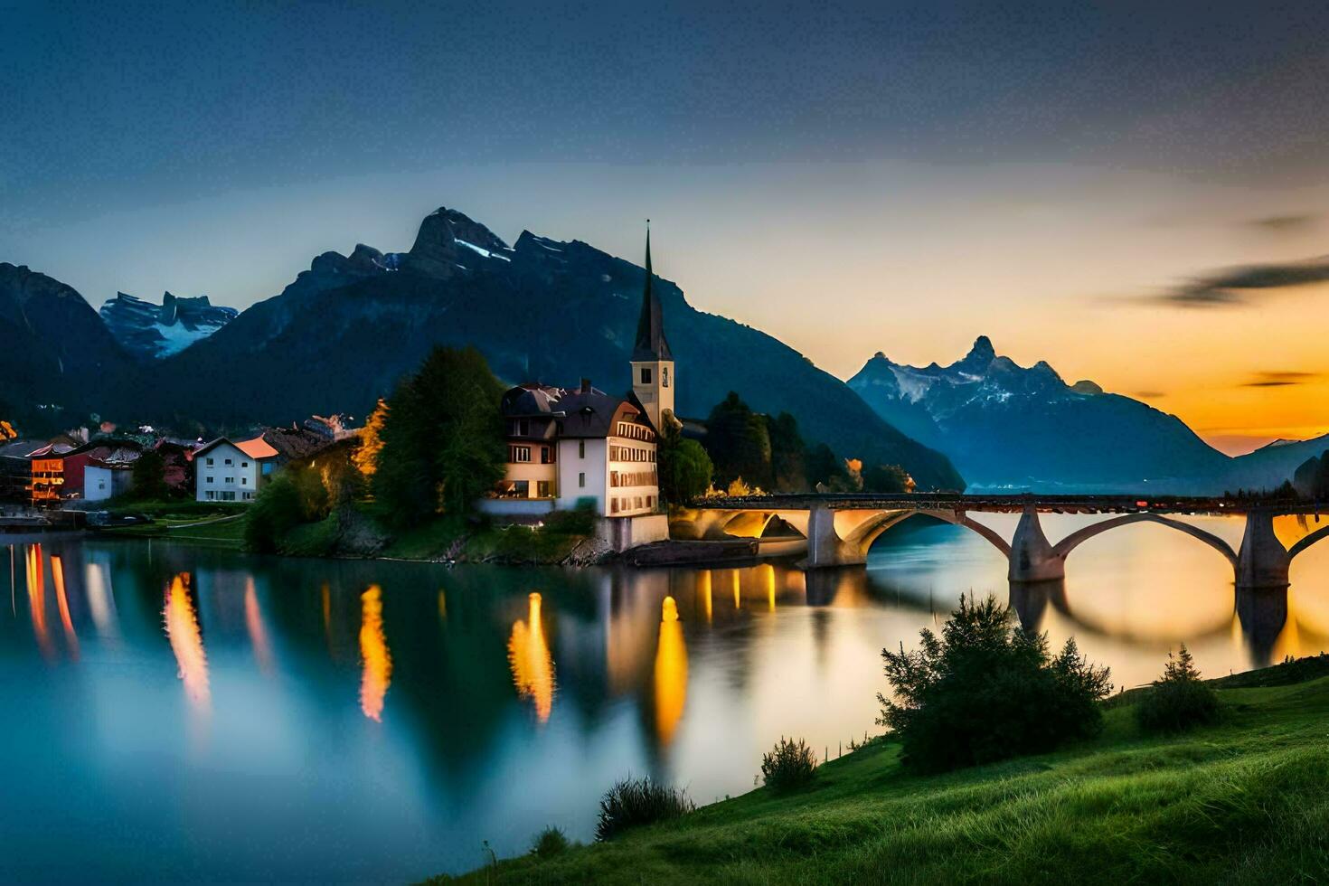 das Sonne setzt Über ein Brücke und ein Stadt, Dorf im das Berge. KI-generiert foto