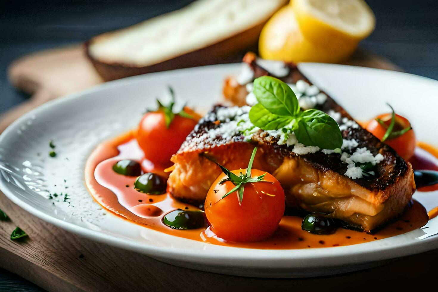 ein Teller von Essen mit Lachs, Tomaten und Brot. KI-generiert foto