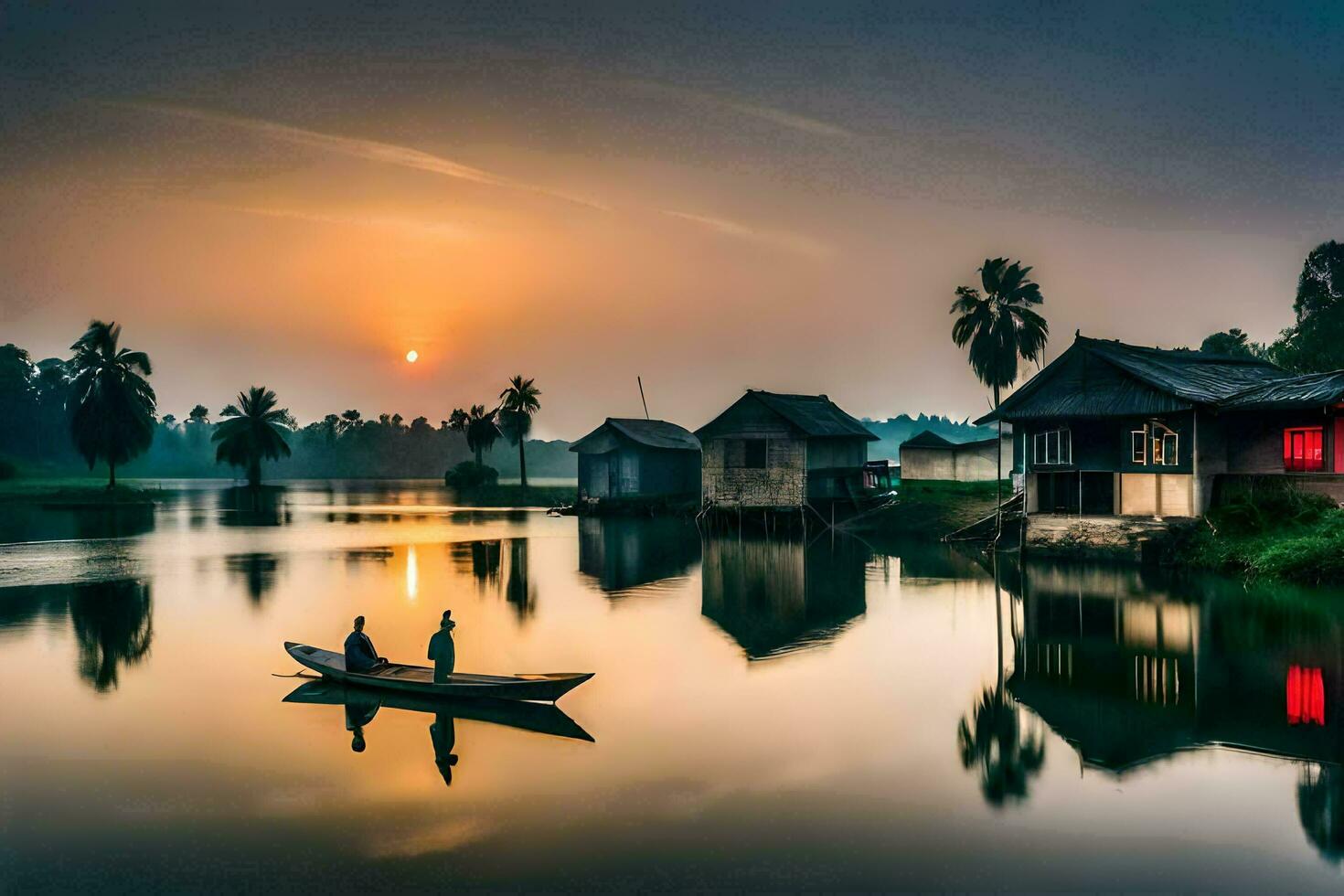 Foto Hintergrund das Himmel, Wasser, Sonnenuntergang, das Dorf, Boot, Menschen, Haus, Natur. KI-generiert