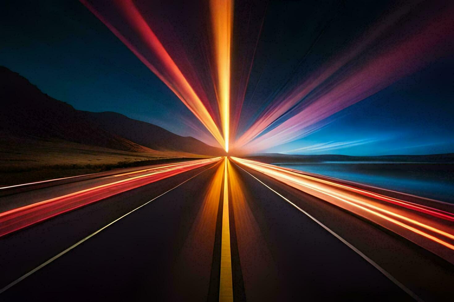 Licht Wanderwege auf ein Autobahn beim Nacht. KI-generiert foto