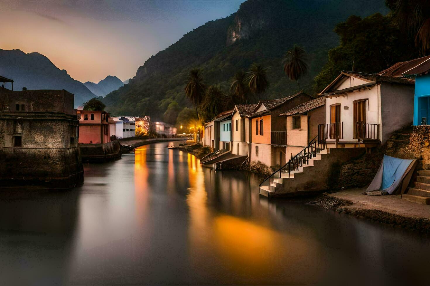 ein Fluss im das Mitte von ein Stadt, Dorf beim Nacht. KI-generiert foto