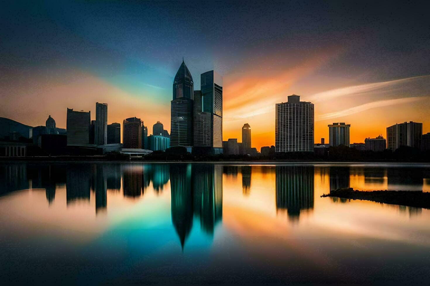 das Stadt Horizont ist reflektiert im das Wasser beim Sonnenuntergang. KI-generiert foto